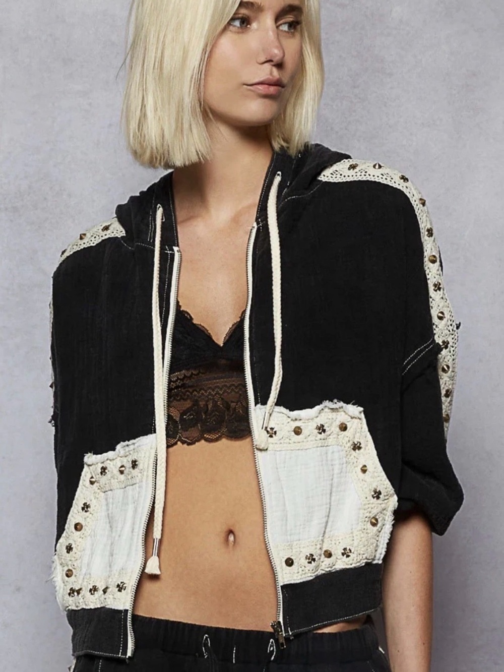 POL Black and White Studded Cropped Hoodie size large